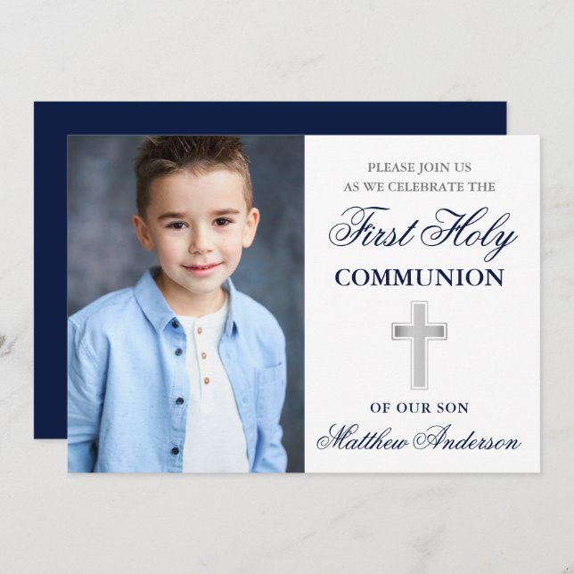 Blue and Silver First Holy Communion Photo Invitation (Front/Back)