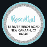Blue and Silver Glitter Address Classic Round Sticker<br><div class="desc">This trendy sticker features sparkling faux glitter layered against a solid colour background. Use the template form to add your own information. The "Customize" feature can be used to change the font style,  colour and layout.</div>