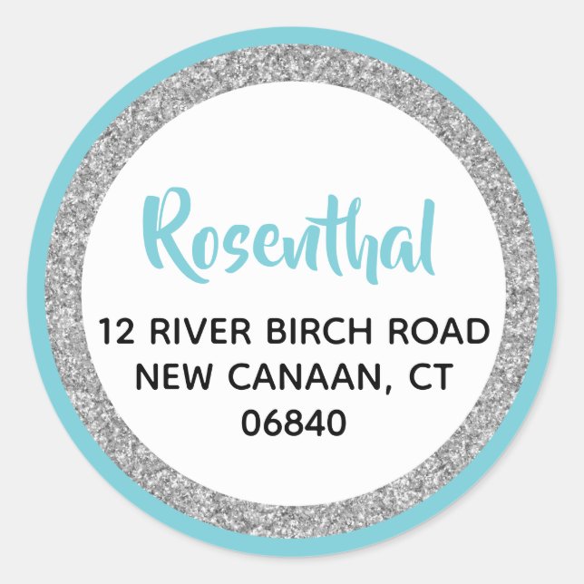 Blue and Silver Glitter Address Classic Round Sticker (Front)