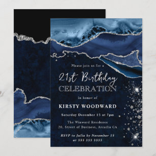 Blue and Silver Glitter Agate 21st Birthday Invitation