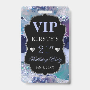Blue and Silver Glitter Agate Birthday VIP Badge
