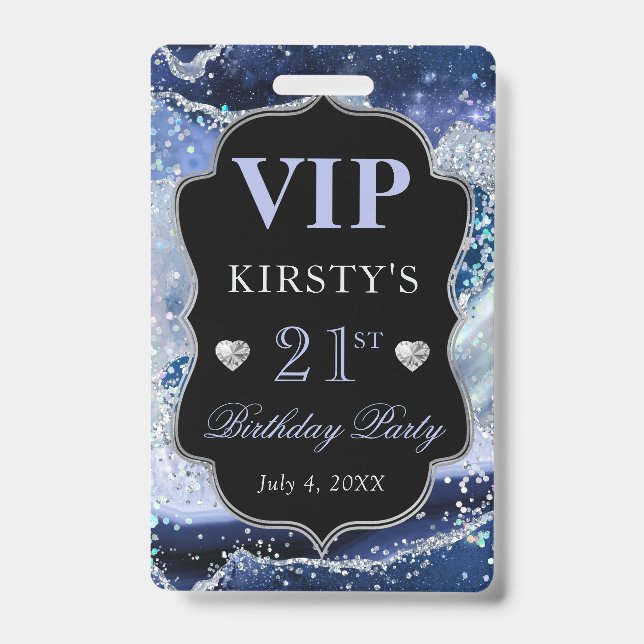Blue and Silver Glitter Agate Birthday VIP Badge (Front)