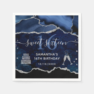 Blue and Silver Glitter Agate Marble Sweet 16 Napkin