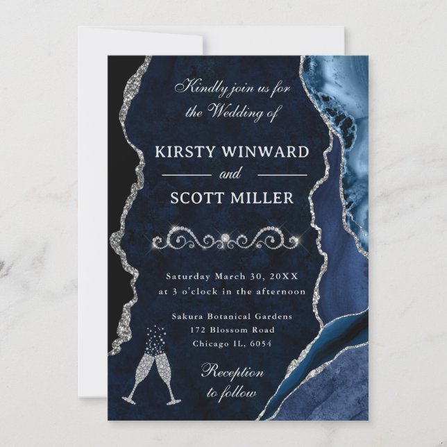 Blue and Silver Glitter Agate & Marble Wedding Invitation (Front)