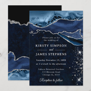 Blue and Silver Glitter Agate Wedding Invitation