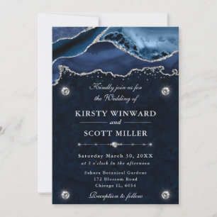 Blue and Silver Glitter Agate Wedding Invitation