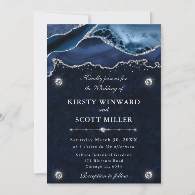 Blue and Silver Glitter Agate Wedding Invitation (Front)