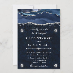 Blue and Silver Glitter Agate Wedding Invitation