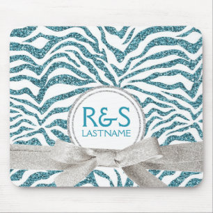 Blue and Silver Glitter Look Personalized Couple Mouse Pad