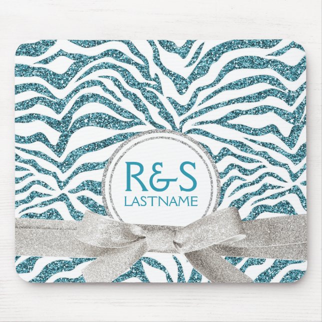 Blue and Silver Glitter Look Personalized Couple Mouse Pad (Front)