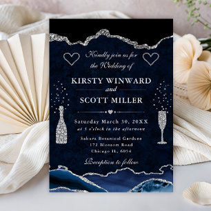 Blue and Silver Glitter Marble Agate Wedding Invitation