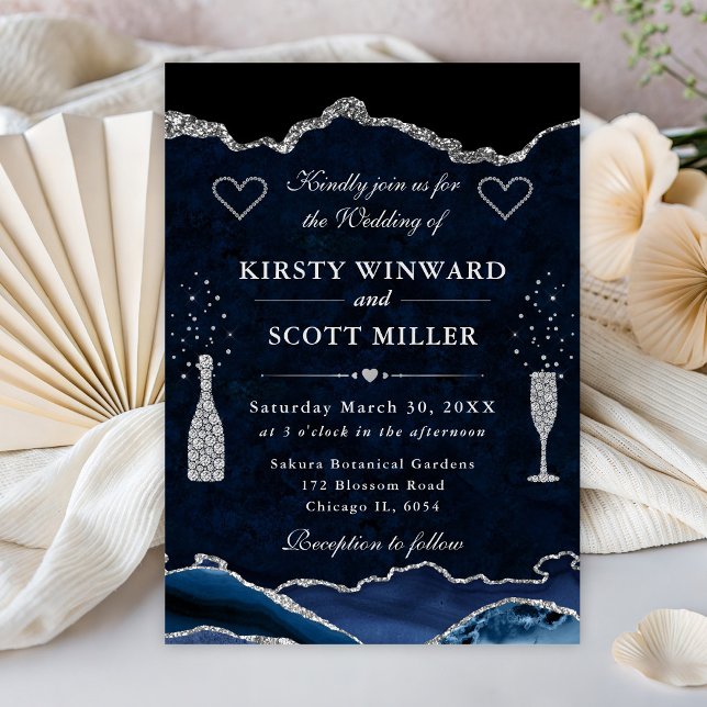 Blue and Silver Glitter Marble Agate Wedding Invitation (Creator Uploaded)