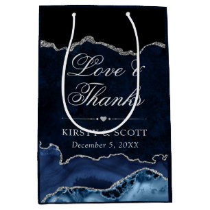 Blue and Silver Glitter Marble Agate Wedding Medium Gift Bag