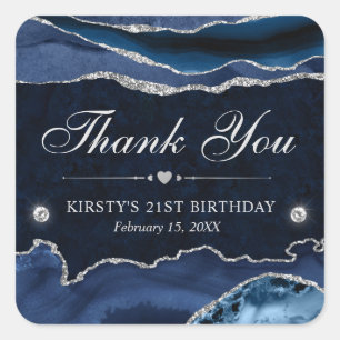 Blue and Silver Glitter Marble Birthday Party Square Sticker