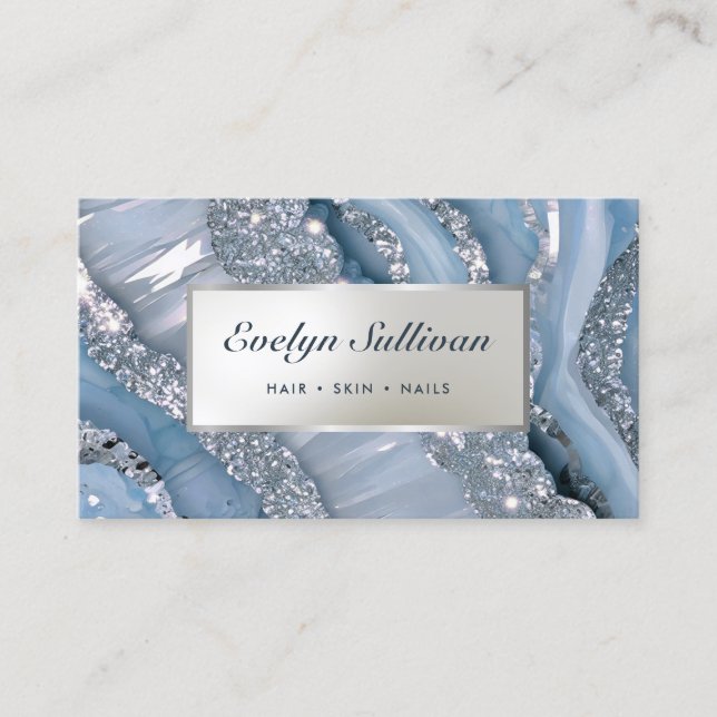 blue and silver glitter marble business card (Front)