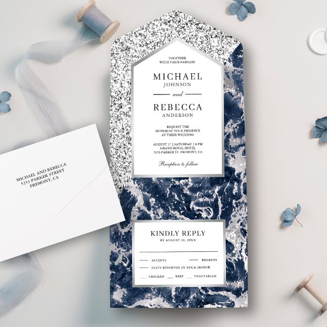 Blue and Silver Glitter Marble Wedding All In One Invitation (Creator Uploaded)