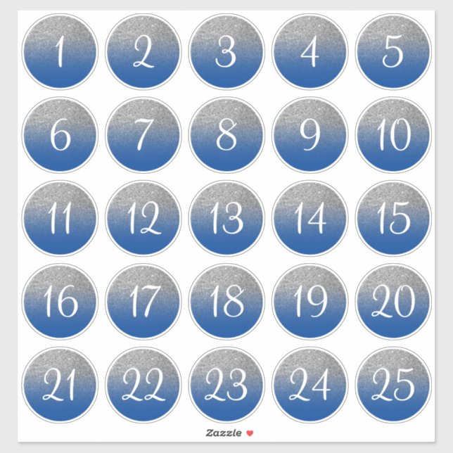 Blue and Silver Glitter Ombre 25 Numbered Circles (Sheet)
