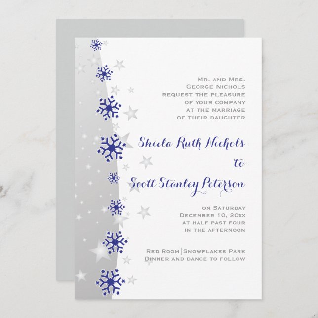 Blue and silver grey snowflake wedding invitation (Front/Back)