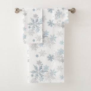 Blue and Silver Grey Winter Wonderland Snowflake Bath Towel Set