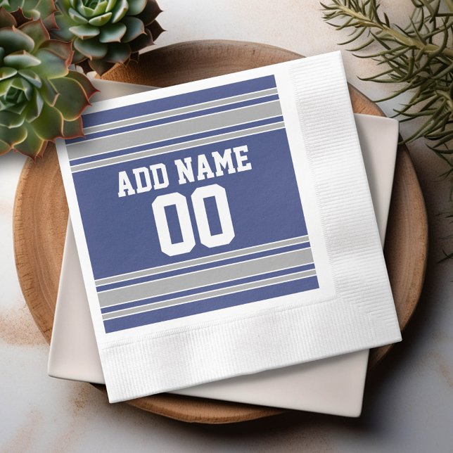 Blue and Silver Jersey Stripes Custom Name Number Napkin (Custom Party Napkins)