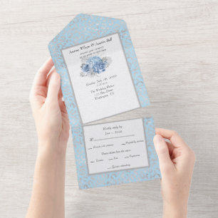 Blue and Silver Leopard Print Watercolor Flower All In One Invitation