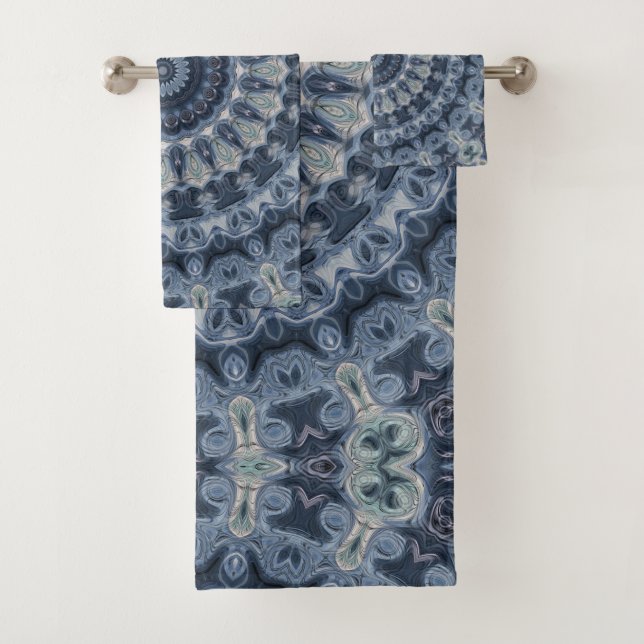 Blue and Silver Mandala Pattern Design Bath Towel Set (Insitu)