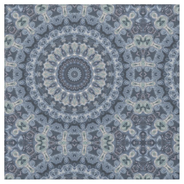 Blue and Silver Mandala Pattern Design Fabric (Close Up)
