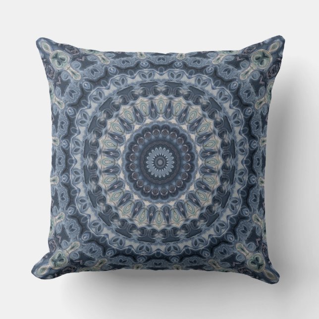 Blue and Silver Mandala Pattern Design Throw Pillow (Front)