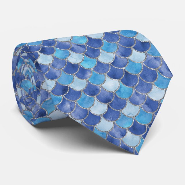 Blue and Silver Mermaid Scales   Tie (Rolled)