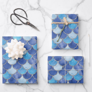 Blue and Silver Mermaid Scales Wrapping Paper Sheet