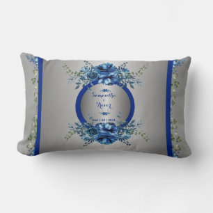 Blue And Silver Petal Symphony  Lumbar Pillow