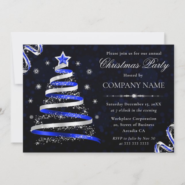 Blue and Silver Ribbon Tree Corporate Christmas Invitation (Front)