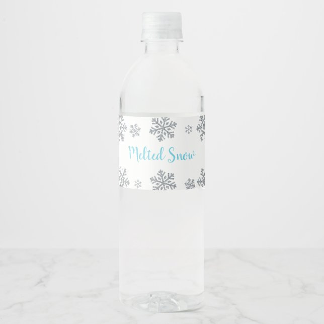 Blue And Silver Snowflake Melted Snow Water Bottle Label (Front)