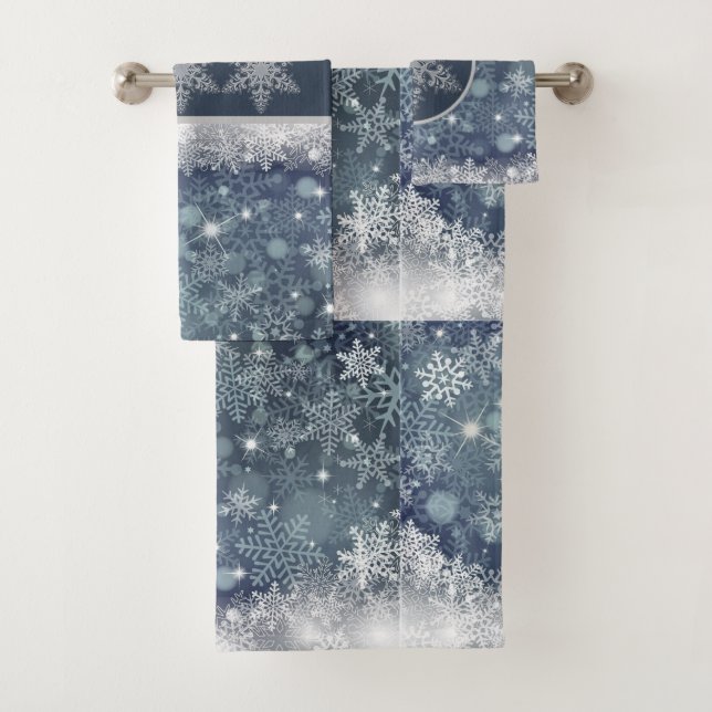 Blue and Silver Snowflake Pattern Holiday Bath Towel Set (Insitu)