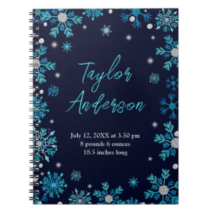 Blue and Silver Snowflakes Baby Birth Statistics Notebook