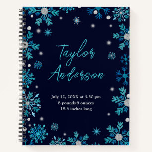 Blue and Silver Snowflakes Baby Birth Statistics Notebook