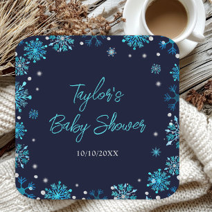 Blue and Silver Snowflakes Baby Shower Square Paper Coaster
