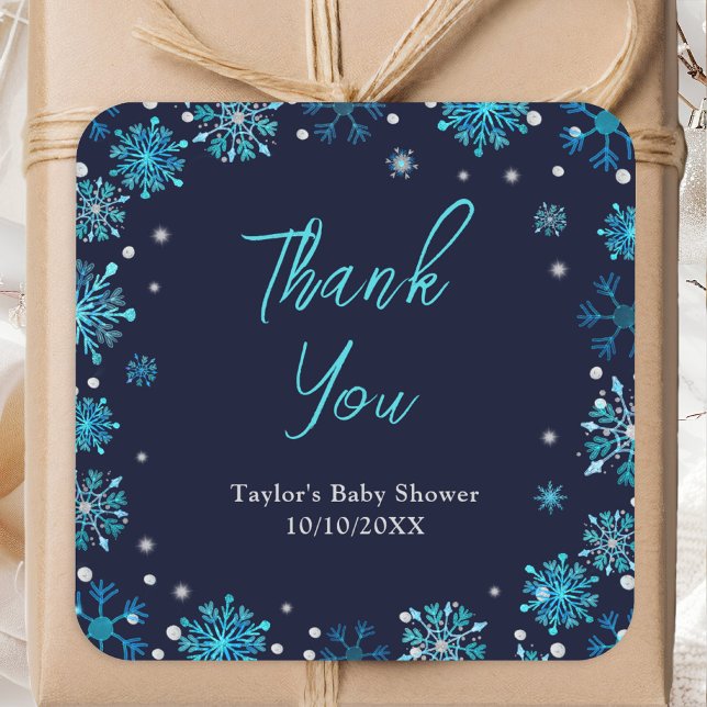 Blue and Silver Snowflakes Baby Shower Thank You Square Sticker (Creator Uploaded)
