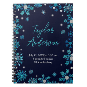 Blue and Silver Snowflakes Birth Stats Notebook