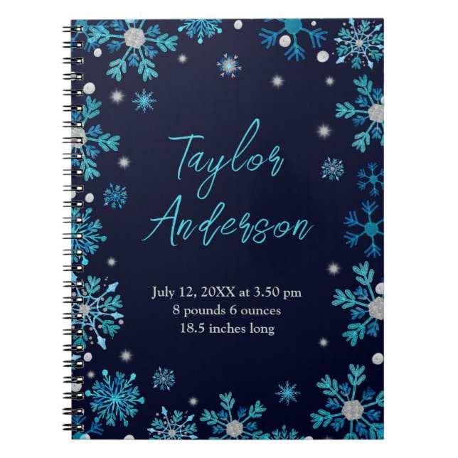 Blue and Silver Snowflakes Birth Stats Notebook (Front)