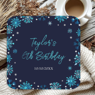 Blue and Silver Snowflakes Birthday Party Square Paper Coaster