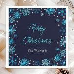 Blue and Silver Snowflakes Christmas Party Napkin<br><div class="desc">This elegant and glamourous napkin features watercolor turquoise blue and silver faux glitter snowflakes and sparkles on a navy blue background. The text combines handwritten script and modern sans serif fonts for a classy and sophisticated look. This is perfect for a winter or Christmas birthday party.
Graphics by www.etsy.com/uk/shop/SunflowerDayLove</div>