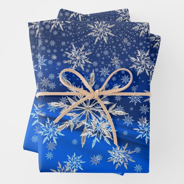 Blue and Silver Snowflakes Christmas  Wrapping Paper Sheet (In situ)