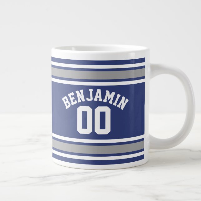 Blue and Silver Sports Jersey Custom Name Number Large Coffee Mug (Right)