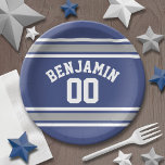 Blue and Silver Sports Jersey Custom Name Number Paper Plate<br><div class="desc">Personalize this sporty striped design with your name and favourite number. You can also use this to celebrate a birthday or congratulate your son with personal memento.</div>