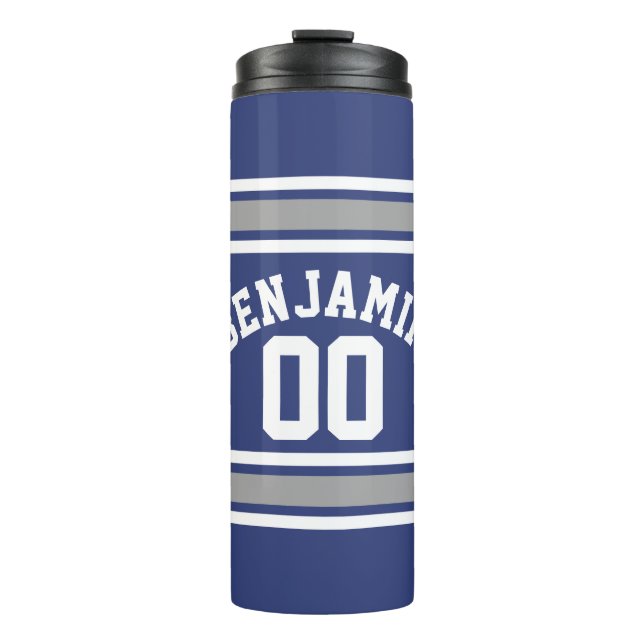 Blue and Silver Sports Jersey Custom Name Number Thermal Tumbler (Front)