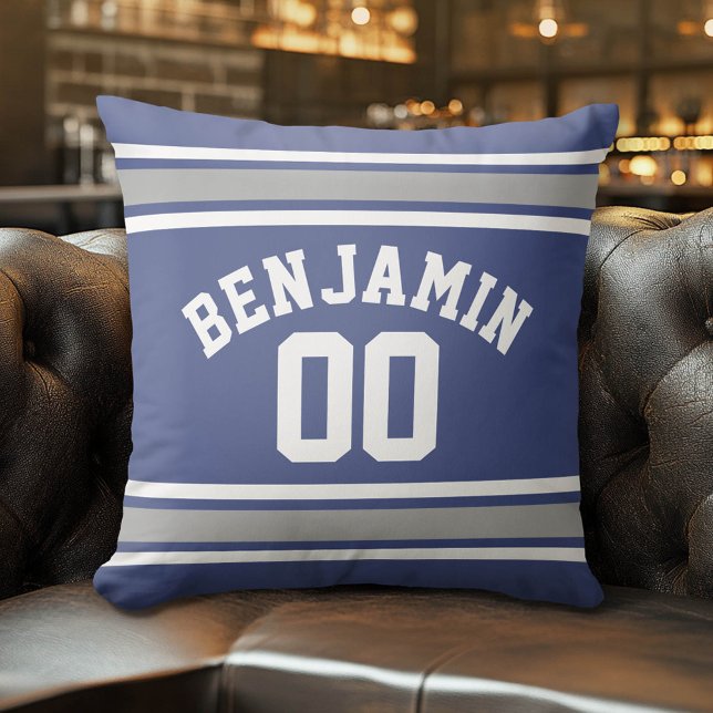 Blue and Silver Sports Jersey Custom Name Number Throw Pillow (Custom Pillow)