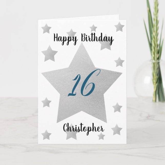 Blue and Silver Stars 16th Birthday Card (Front)
