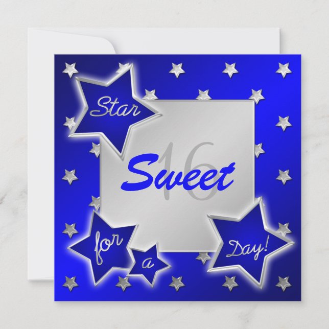 Blue and Silver Stars Sweet 16 Invitation (Front)