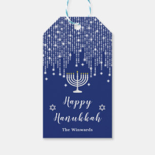 Blue and Silver String Lights Happy Hanukkah Gift Tags